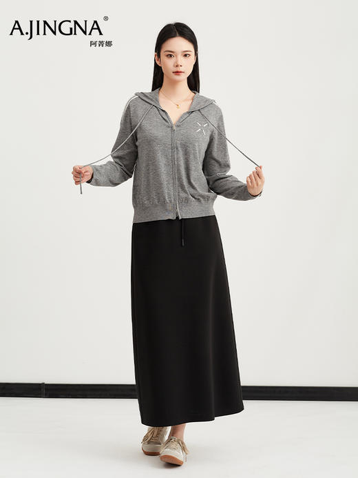 【韩系休闲】阿菁娜春季新款连帽拉链开衫双杠条纹撞色织带抽绳设计韩系休闲运动感拉满F31C318010 商品图3