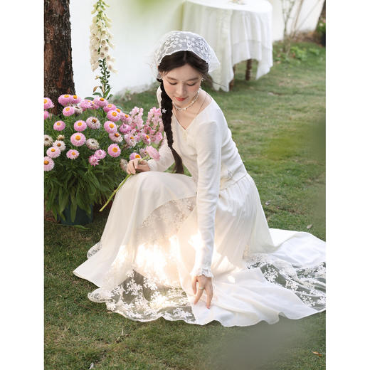 鹿向南「柔风漫摆」法式温柔白杏色A字半身裙女春季蕾丝长款纱裙 商品图4