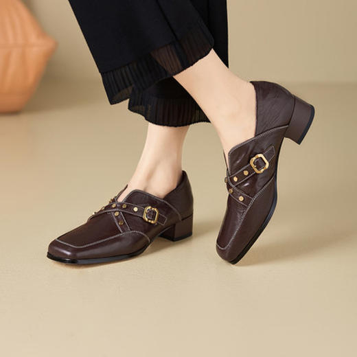 【预售7天】铆钉皮带扣乐福鞋方头中粗跟小皮鞋MBJR&5928 商品图3