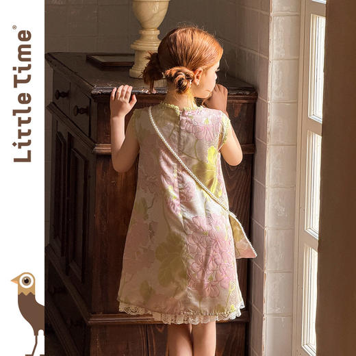 littletime新中式风无袖提花连衣裙女童旗袍花边中长款粉色复古裙 商品图2