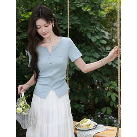 鹿向南「竹蓝清雅」法式蓝色短袖T恤女夏季新款修身显瘦正肩上衣