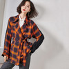 剩M/L/XL/XXL 拼接撞色格子收腰系带风衣【69.9%聚酯纤维/橙色】 商品缩略图0