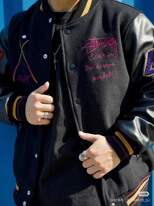 F031011黑8拼接皮袖薄款定织定染毛呢面料男女同款棒球服外套 商品图7