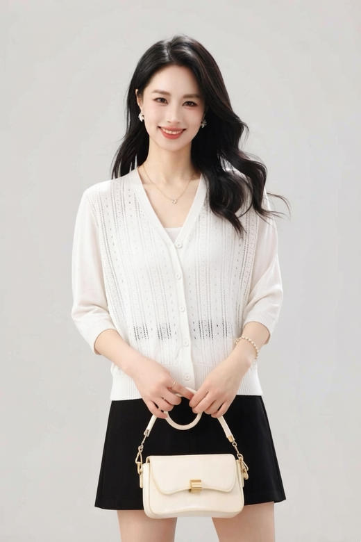 SC1E07_皓色/杨妃色/漆黑色_针织衫_春季_V领竖条镂空单排扣七分袖短款_高级女装_BERNIEELEN 伯妮斯茵 商品图0