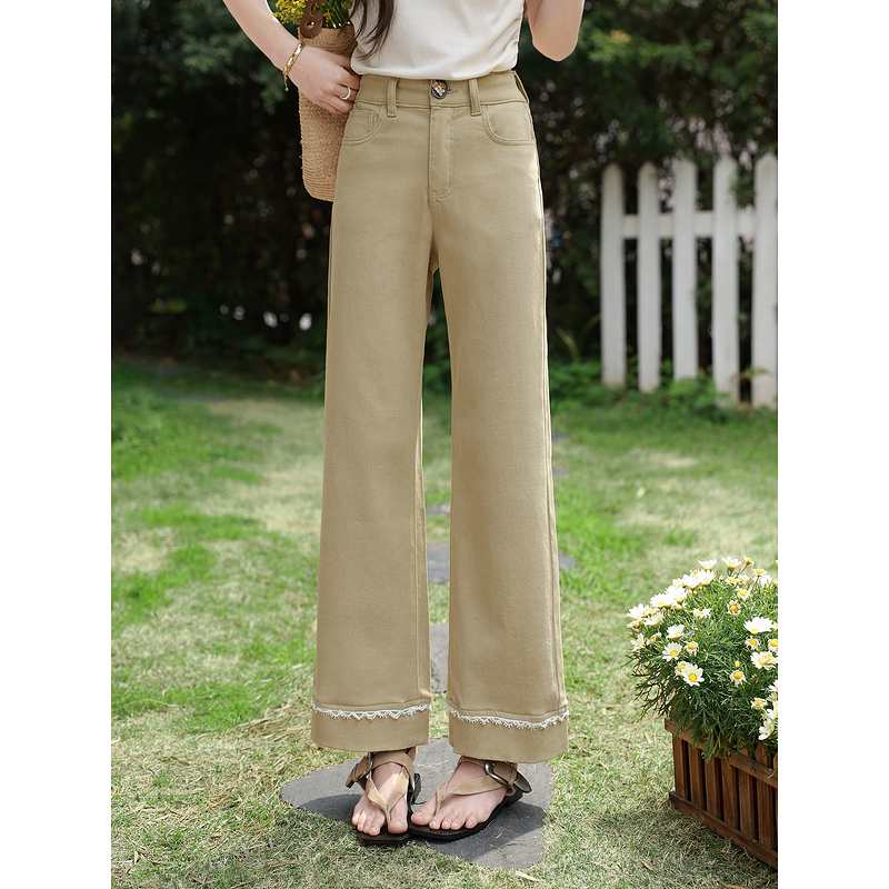 鹿向南「步履生花」高级感卡其色直筒牛仔裤女夏季显瘦小个子长裤