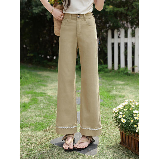 鹿向南「步履生花」高级感卡其色直筒牛仔裤女夏季显瘦小个子长裤 商品图0