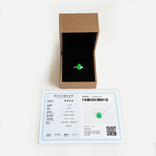 【天然正品】A货翡翠AU750白金镶钻镶天然细腻糯冰种满绿葫芦（福禄平安）翡翠戒指15号（戒圈可改）280226NJT23 商品图1