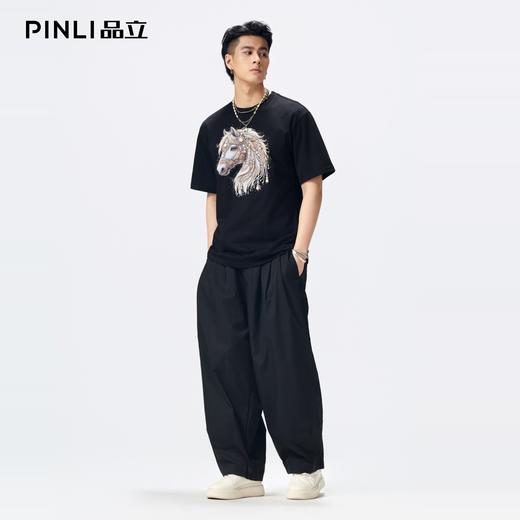 PINLI品立2026夏季新款男士马年烫画烫钻圆领落肩短袖T恤上衣潮牌BG262111016 商品图1