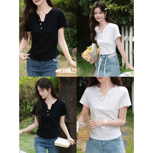 鹿向南「皎洁白月」法式白色短袖设计感T恤女夏新款修身显瘦上衣 商品图4