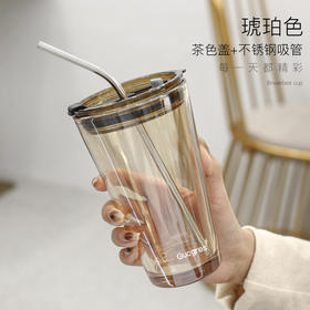 【高硼硅玻璃❗不锈钢吸管】北极光吸管玻璃杯ins带盖双饮奶茶杯水杯。xa