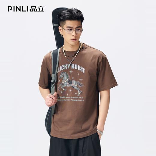 PINLI品立2026夏季新款男士马年字母印花烫钻圆领短袖T恤上衣潮牌BG262111015 商品图0