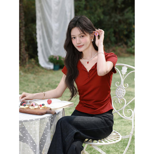 鹿向南「落日玫瑰」复古红色收腰显瘦短袖T恤女夏巨好看小众上衣 商品图4