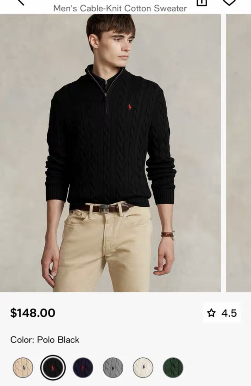 【秒杀价已调 直接拍】原单 Polo Ralph Lauren 男士半拉链绞花针织毛衣 美式复古的温暖质感