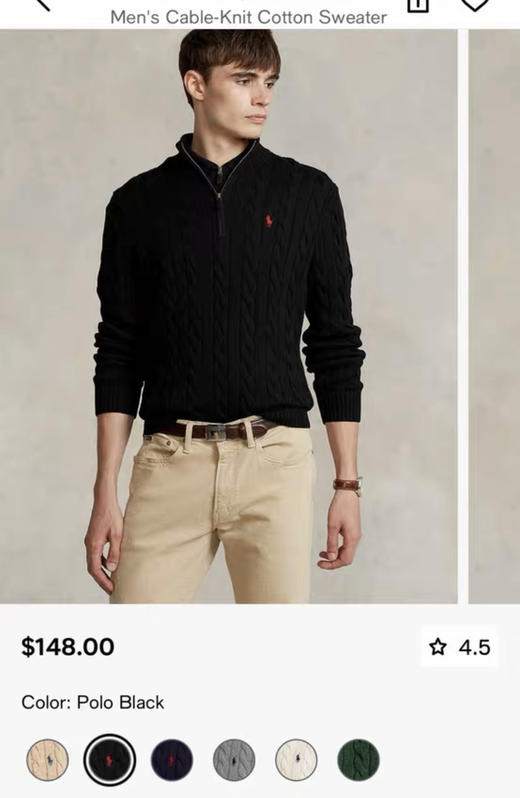 【秒杀价已调 直接拍】原单 Polo Ralph Lauren 男士半拉链绞花针织毛衣 美式复古的温暖质感 商品图0