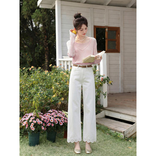 鹿向南「午后小调」简约设计感米白色直筒牛仔裤女春季长裤 商品图4