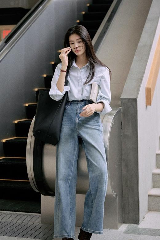 二店y 【68211】 三种裤长 早春款 高腰显瘦窄版直筒阔腿牛仔裤 商品图3