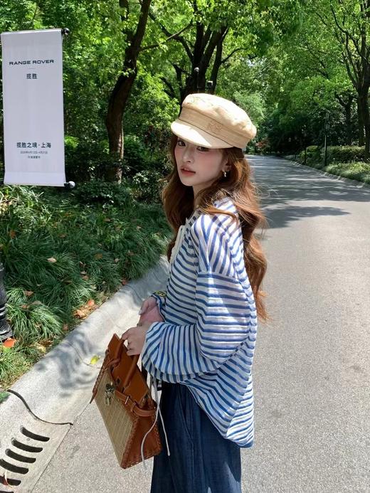 F031004清新蔚蓝色~2026早春度假条纹针织衫宽松透气防晒罩衫航海风长袖上衣 商品图7