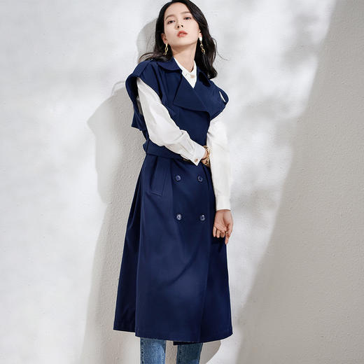 芳外春季新款时尚飒气无袖长款风衣女系带收腰街头风外套1466 商品图3