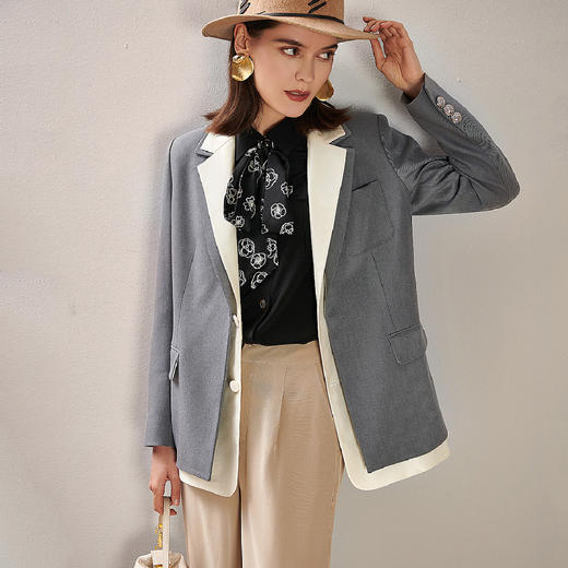 剩S/M/L/XL 芳外春季新款职场通勤西服双色拼接款假两件女式西装外套0160 商品图2