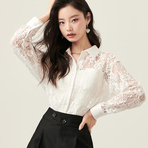 剩S/M/L/XL 芳外春季新款气质淑女蕾丝衬衣镂空设计感白色长袖衬衫女0234 商品图3