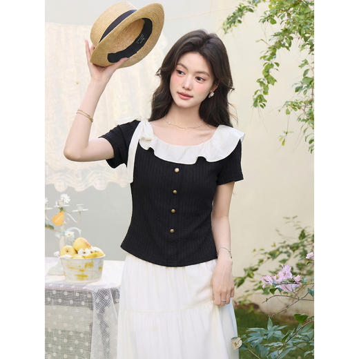 鹿向南「黑巧甜心」黑色短袖T恤女春新款时尚拼接设计感修身上衣 商品图3