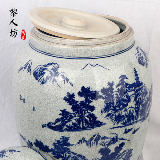 陶瓷骨灰坛双盖景德镇裂纹青花山水陶瓷骨灰盒 商品图2