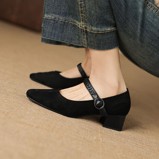 阿么手工女鞋复古一字扣玛丽珍鞋女真皮百搭日常浅口气质单鞋4CM 商品图3