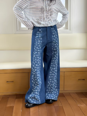 nothe Case布然/NC261803/「电影唱片」拼接提花阔腿牛仔裤 复古休闲长裤