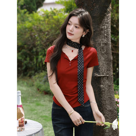鹿向南「落日玫瑰」复古红色收腰显瘦短袖T恤女夏巨好看小众上衣 商品图0