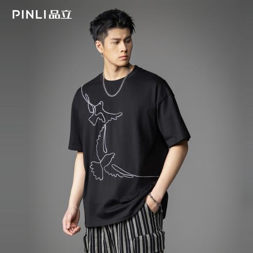 PINLI品立2026春季新款男士圆领落肩袖动物绣花宽松短袖T恤上衣潮B262111014 商品图3