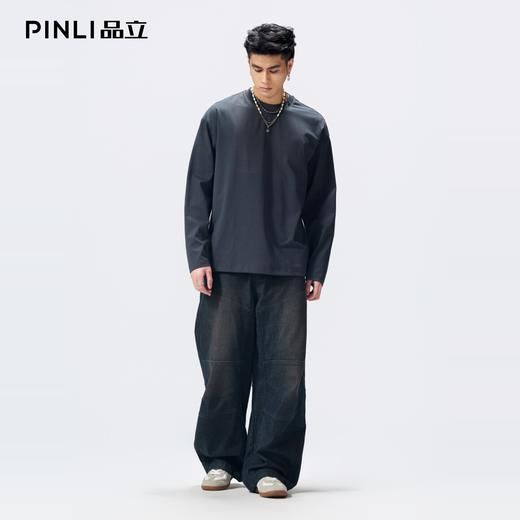 PINLI品立2026春季新款男士宽松打底上衣圆领落肩索罗娜长袖T恤潮GD262111021 商品图1