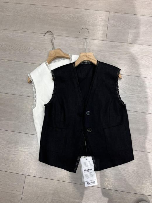 原单新款100%亚麻老钱风蕾丝捆边碰撞背心马甲外套 商品图9