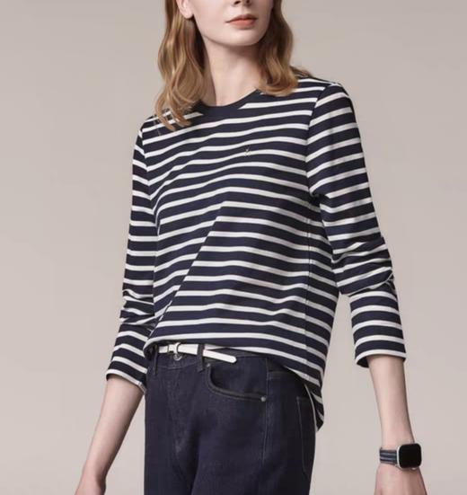 点此购买 哈吉斯春秋季女士宽松撞色条纹打底内搭纯棉长袖T恤 ss 341790 商品图3