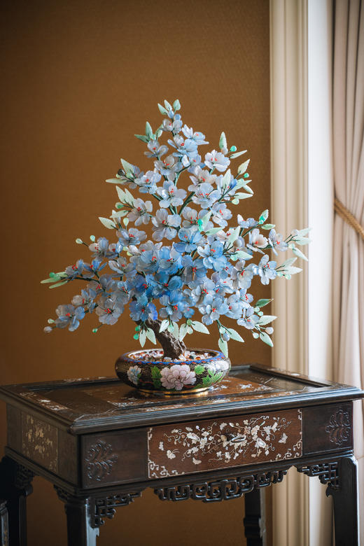 独角鹿西洋古董中国出品宝相花纹景泰蓝盆装饰「蓝韵碧桃」珍宝像生盆景 商品图1