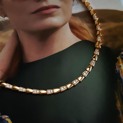 【95新】BVLGARI宝格丽Serpenti Viper系列353037玫瑰金半钻蛇骨项链链长约40cm女士040326NJS17 商品图5