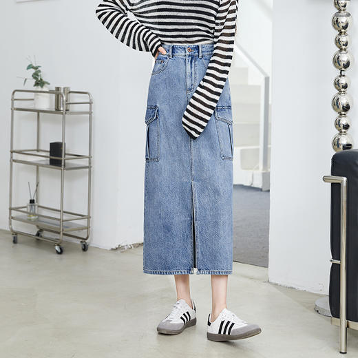 【H版型-工装牛仔裙】逸阳春夏季前开叉显高显瘦大口袋包臀半身裙0893 商品图2