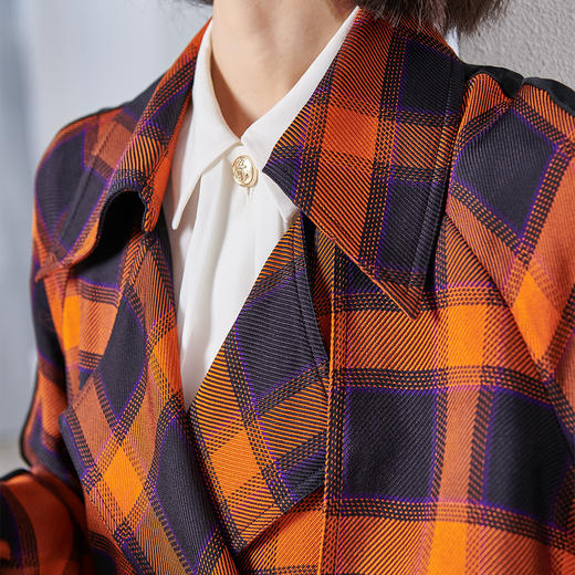 剩M/L/XL/XXL 拼接撞色格子收腰系带风衣【69.9%聚酯纤维/橙色】 商品图4
