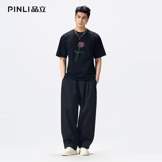 PIJNLI品立2026夏季新款青年植物烫钻圆领落肩短袖T恤上衣潮牌男BG262111014 商品图1