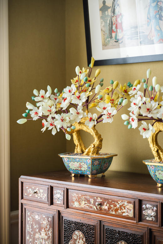 独角鹿西洋古董中国出品宝相花纹景泰蓝盆装饰「金枝玉堂」珍宝像生盆景一对 商品图2