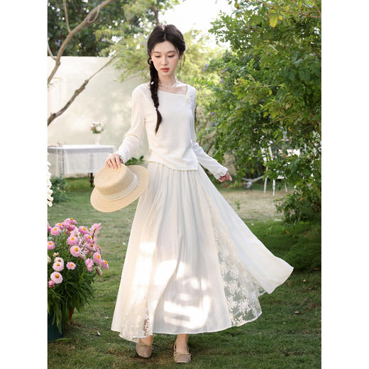 鹿向南「柔风漫摆」法式温柔白杏色A字半身裙女春季蕾丝长款纱裙 商品图2