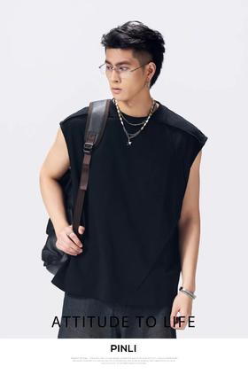 PINLI品立2026夏季新款男宽松圆领无袖短袖T恤上衣潮GD262111012