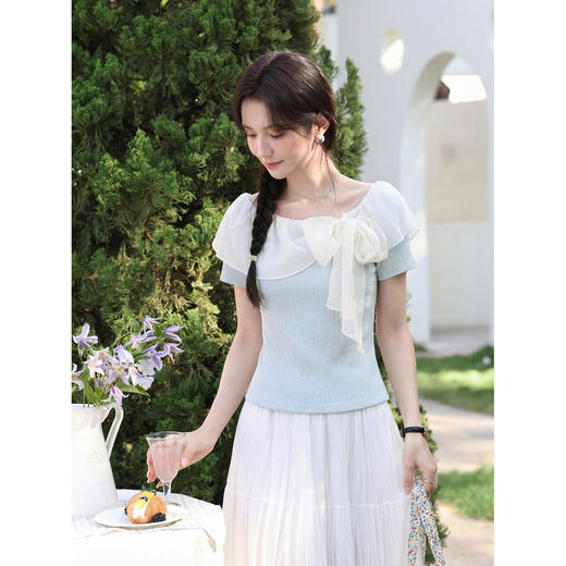 鹿向南「雾岛听风」法式设计感蓝色一字肩短袖T恤女夏季甜美上衣 商品图1