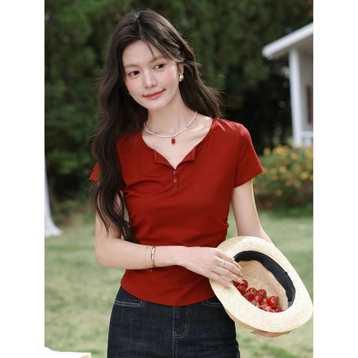 鹿向南「落日玫瑰」复古红色收腰显瘦短袖T恤女夏巨好看小众上衣 商品图2