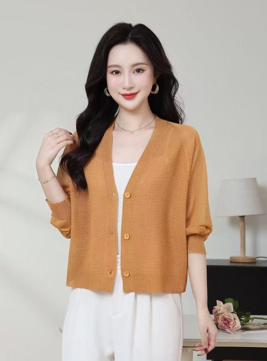 SC1E05_凝脂色/杨妃色/赤金色_针织衫_春夏_V领单排扣镂空肌理感七分袖_高级女装_BERNIEELEN 伯妮斯茵 商品图0