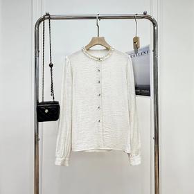 F031001早春新款法式气质百搭亚麻木耳边立领长袖衬衫