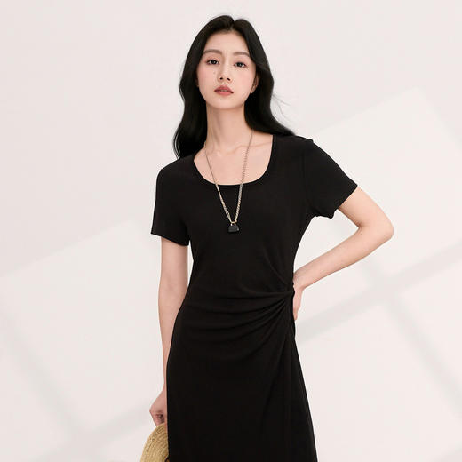 三彩2026夏季新款简约复古方领休闲直筒裙连衣裙短袖长裙小黑裙M 商品图3