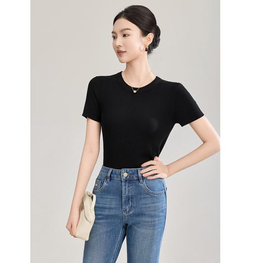 「高货wl」全新升级【铂金会员183/天猫249/差价66】(03002)洛诗琳气质羊毛混纺短袖上衣2026春夏新款正肩修身针织T恤 商品图1