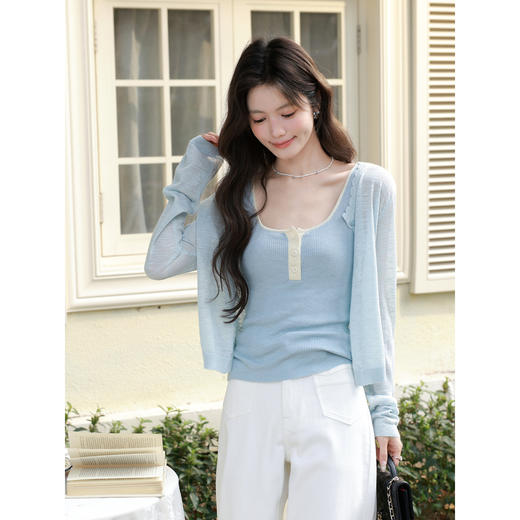 鹿向南「泡泡初恋」蓝色吊带背心女2026春夏撞色针织显瘦内搭上衣 商品图1