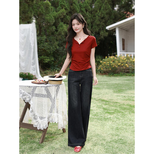 鹿向南「落日玫瑰」复古红色收腰显瘦短袖T恤女夏巨好看小众上衣 商品图3