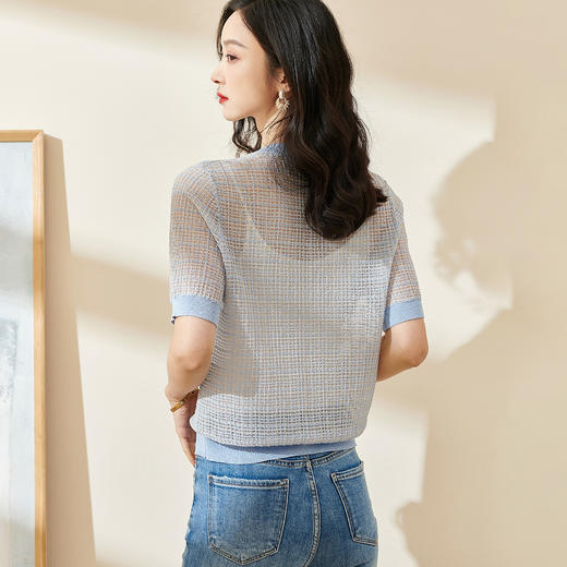 剩S/M/L/XL 米思阳2026春季新款简约淡雅色短袖上衣休闲宽松透视针织衫女0616 商品图3
